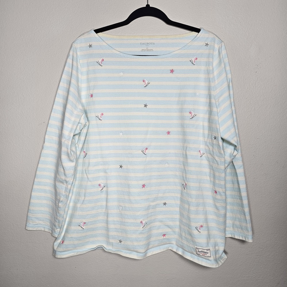 Talbots Womens 2X Ice Skating Embroidered Blue White Striped Shirt Novelty Top